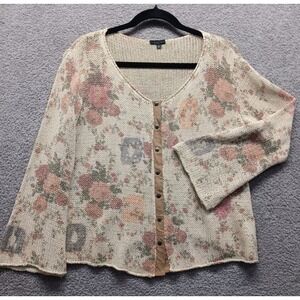 Double U Relaxed Open Knit Cardigan Women L Cream Floral Boho Snap Front Fairy